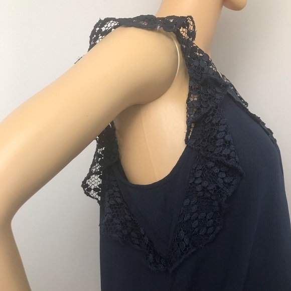 Aeropostale Blouse | Crocheted Bodice | Lace Flutter Cap Sleeves | Navy Blue - Picture 3 of 7